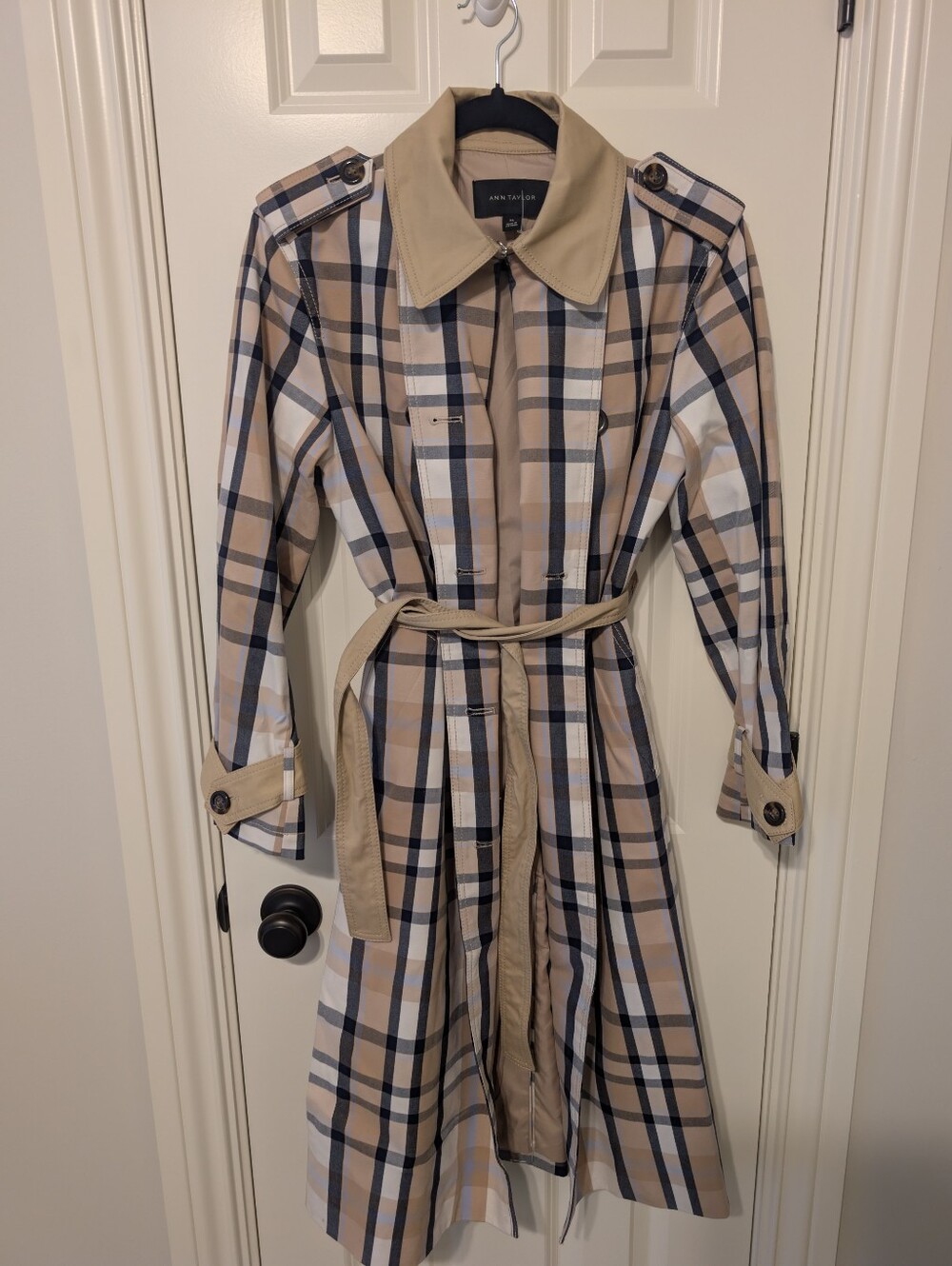 Ann Taylor Plaid Belted Trench Coat XS Tan Navy Blue Long Double Breasted